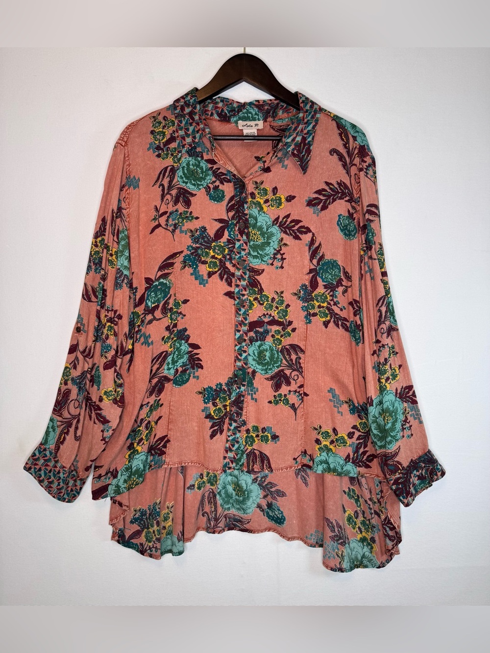 Lola P Floral Tunic Top Sz XL peach teal long sleeve Bohemian Flowy Cottagecore